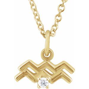 14K Yellow Gold Zodiac Aquarius Round 1.5 Mm G-H I1 .015 Ct Natural Diamond Zodiac Necklace, Length: 18 In