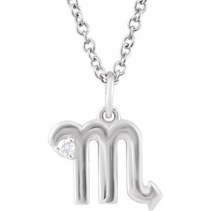 14K White Gold Zodiac Scorpio Round 1.5 Mm G-H I1 .015 Ct Natural Diamond Zodiac Necklace, Length: 18 In