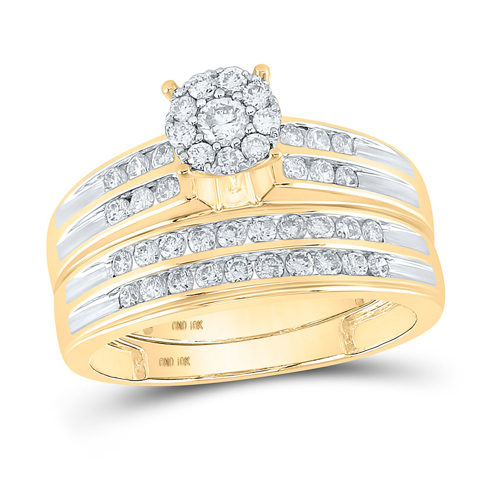 10K Yellow Gold His Hers Round Diamond Cluster Matching Wedding Set 1-1/5 Cttw, Womens Size: 5-10, Mens Size: 7-13