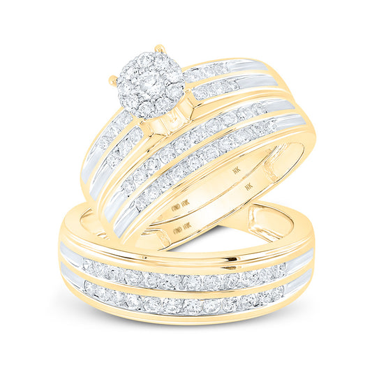10K Yellow Gold His Hers Round Diamond Cluster Matching Wedding Set 1-1/5 Cttw, Womens Size: 5-10, Mens Size: 7-13