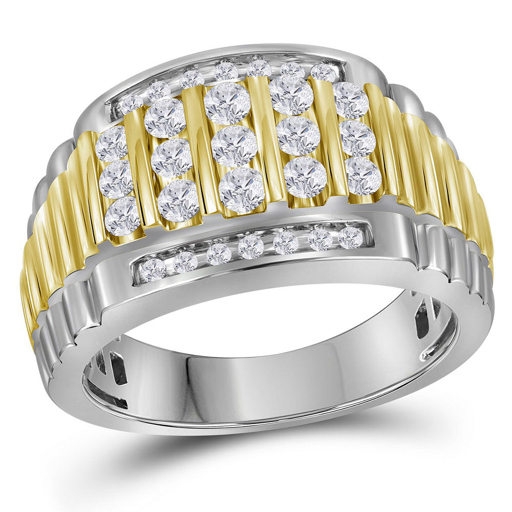 14K Two-tone White Gold Mens Round Diamond Cluster Ring Band 1 Cttw, Mens Size: 7-13