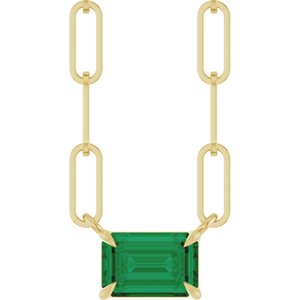 14K Yellow Gold Emerald 6 X 4 Mm  Lab Grown Emerald Solitaire Claw Prong Necklace, Length: 16 In