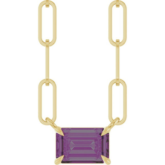 14K Yellow Gold Emerald 6 X 4 Mm 18 In Polished Lab-Grown Alexandrite Solitaire Claw Prong Necklace