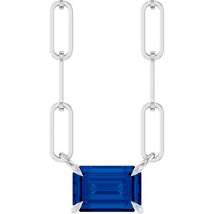 14K White Gold Emerald 6 X 4 Mm  Lab-Grown Blue Sapphire Solitaire Claw Prong Necklace, Length: 18 In
