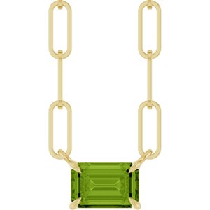14K Yellow Gold Emerald 6 X 4 Mm  Natural Peridot Solitaire Claw Prong Necklace, Length: 18 In