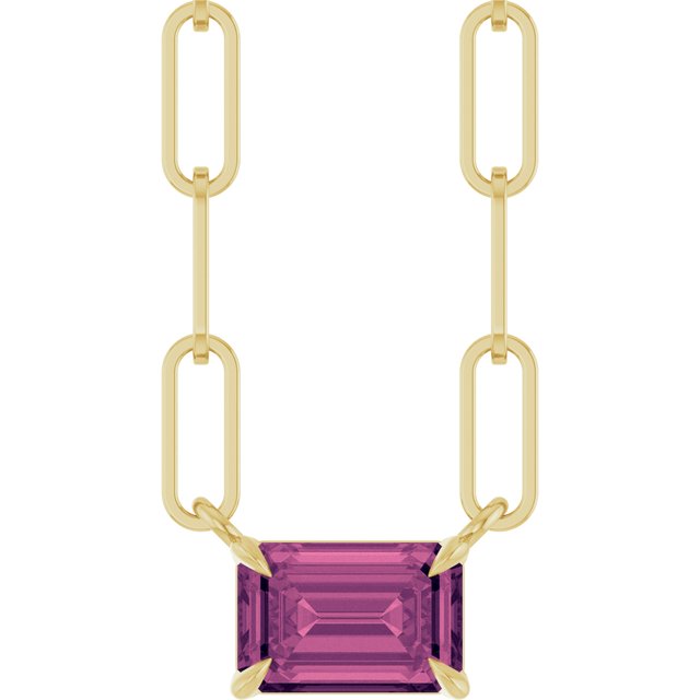 14K Yellow Gold Emerald 6 X 4 Mm 18 In Polished Natural Pink Tourmaline Solitaire Claw Prong Necklace