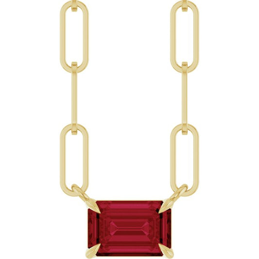 14K Yellow Gold Emerald 6 X 4 Mm 18 In Polished Lab Grown Ruby Solitaire Claw Prong Necklace