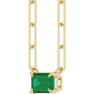 14K Yellow Gold Emerald 6 X 4 Mm  Lab-Grown Emerald Solitaire Claw Prong Necklace, Length: 18 In