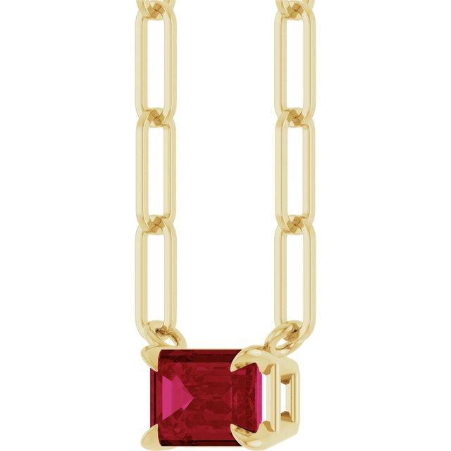 14K Yellow Gold Emerald 6 X 4 Mm 18 In Polished Lab Grown Ruby Solitaire Claw Prong Necklace