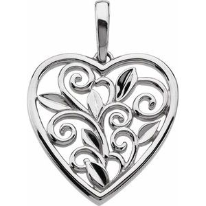 14K White Gold 30 X 27 Mm Polished Scroll And Leaf Inspired Heart Pendant