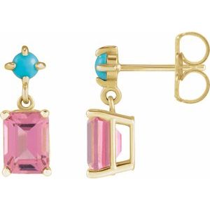 14K Yellow Gold Emerald 7 X 5 Mm Natural Pink Tourmaline And Natural Turquoise Cabochon Earrings