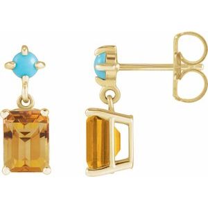 14K Yellow Gold Emerald 7 X 5 Mm Natural Citrine And Natural Turquoise Cabochon Earrings