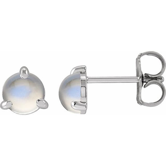 Sterling Silver Round 5 Mm Friction Back 3-Prong Polished Cabochon Natural Rainbow Moonstone Claw-Prong Earrings