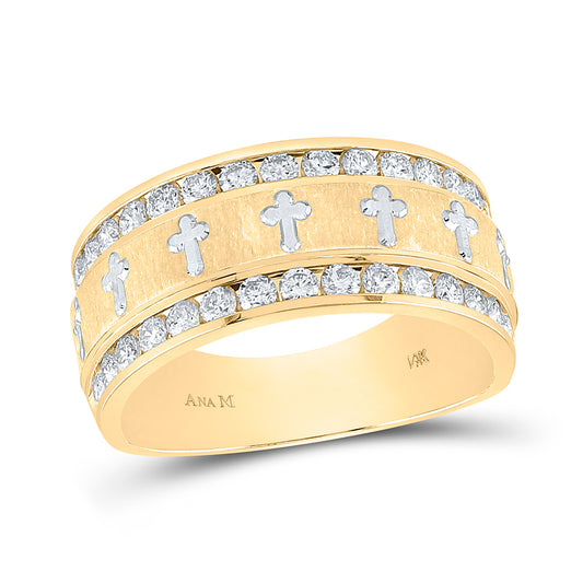 14k Yellow Gold Mens Round Diamond Grecco Cross Wedding Anniversary Band Ring 1 Cttw, Mens Size: 7-13