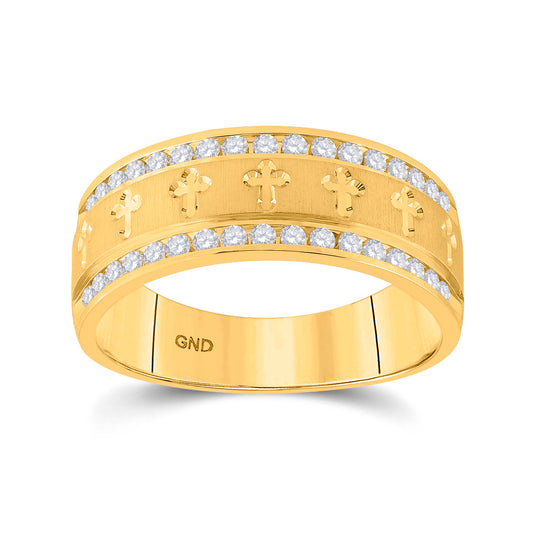 14K Yellow Gold Mens Round Channel-set Diamond Cross Wedding Band Ring 1/2 Cttw, Mens Size: 7-13