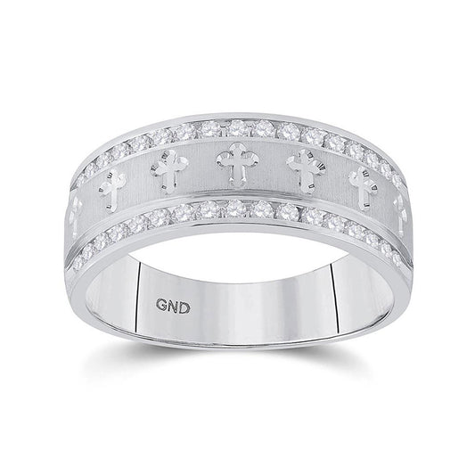 14K White Gold Mens Round Diamond Wedding Cross Band Ring 1/2 Cttw, Mens Size: 7-13