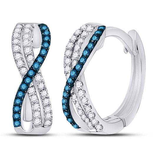 10K White Gold Womens Blue Color Enhanced Diamond Hinged Hoop Earrings 1/4 Cttw