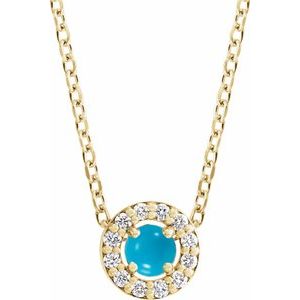 14K Yellow Gold Round 3Mm G-H I1 Cabochon Natural Turquoise And .05 Ctw Natural Diamond Halo-Style Necklace, Length: 18 In