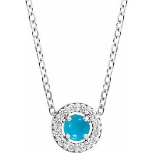 14K White Gold Round 4Mm G-H I1 Cabochon Natural Turquoise And .06 Ctw Natural Diamond Halo-Style Necklace, Length: 18 In