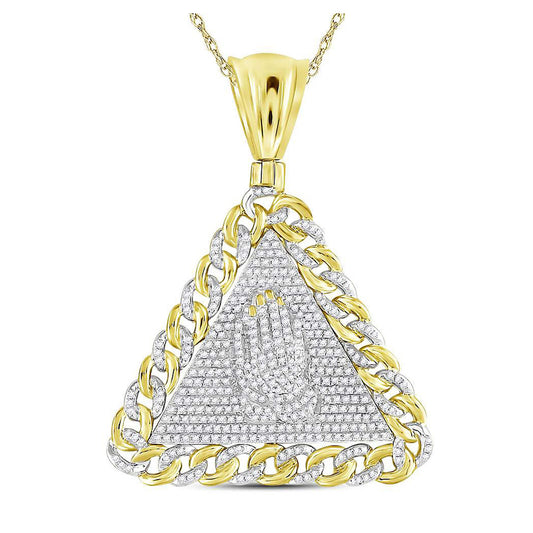10K Yellow Gold Mens Round Diamond Praying Hands Triangle Charm Pendant 1 Cttw, Length: 2.1 In, Width: 1.63 In