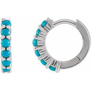 Sterling Silver Pair Round Shape 2 Mm Natural Turquoise Cabochon Hinged Hoop Earrings, Length: 12.21 Mm, Thickness: 2.32 Mm