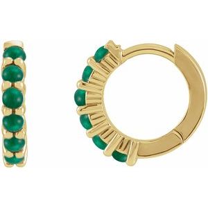 14K Yellow Gold Pair Round Shape 2 Mm Natural Emerald Cabochon Hinged Hoop Earrings, Length: 12.21 Mm, Thickness: 2.32 Mm
