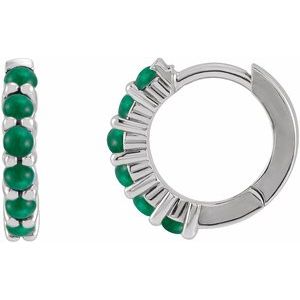 Sterling Silver Pair Round Shape 2 Mm Natural Emerald Cabochon Hinged Hoop Earrings, Length: 12.21 Mm, Thickness: 2.32 Mm