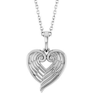 14K White Gold 19 X 12.5 Mm 16-18 In Polished Angel Wing Heart Necklace