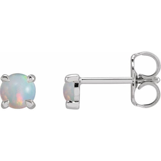 14K White Gold Round Pair 4 Mm Friction 4-Prong Polished Cabochon Natural White Opal 4-Claw Prong Earrings