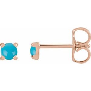 14K Rose Gold Round Shape 3 Mm Cabochon Natural Turquoise 4-Claw Prong Earrings