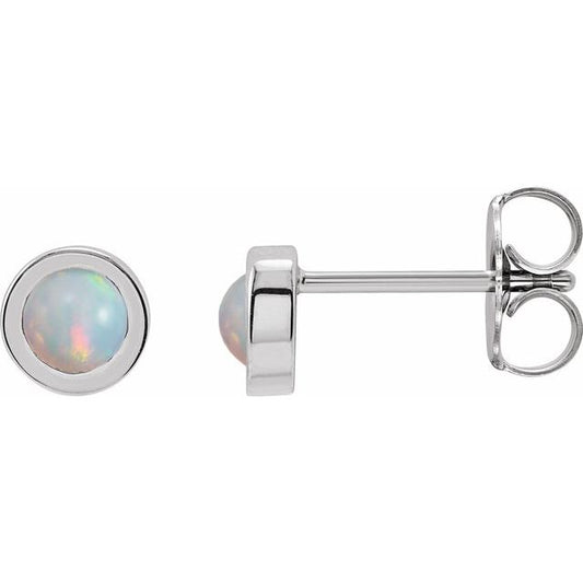 Sterling Silver Round Pair 4 Mm Friction Polished Cabochon Natural White Opal Bezel-Set Solitaire Earrings