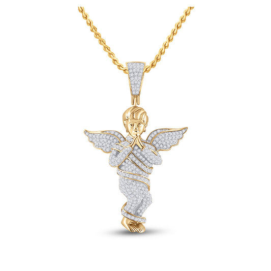 10K Yellow Gold Mens Round Diamond Praying Angel Wings Charm Pendant 7/8 Cttw, Length: 1.7 In, Width: 1.05 In