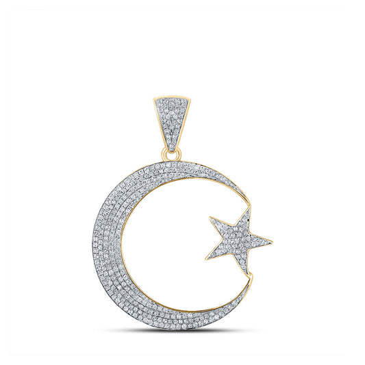 10K Yellow Gold Mens Round Diamond Crescent Moon Star Charm Pendant 3/4 Cttw, Length: 1.61 In, Width: 1.28 In