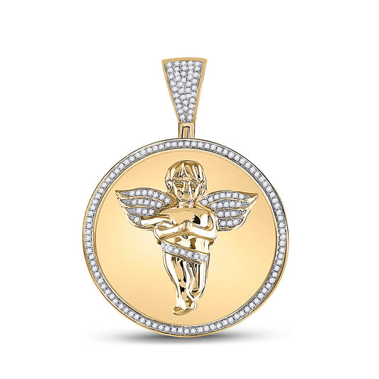 10K Yellow Gold Mens Round Diamond Circle Angel Cherub Medallion Charm Pendant 1/2 Cttw, Length: 1.69 In, Width: 1.22 In