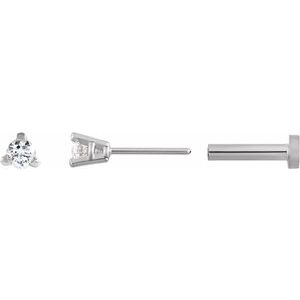 14K White Gold Round 2 Mm  .03 Ct Natural Diamond 3-Prong Wire Basket Earring With Press Fit Back, Length: 6 MM