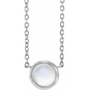 14K White Gold Round 5 Mm  Cabochon Natural Rainbow Moonstone Solitaire Bezel-Set Necklace, Length: 18 In