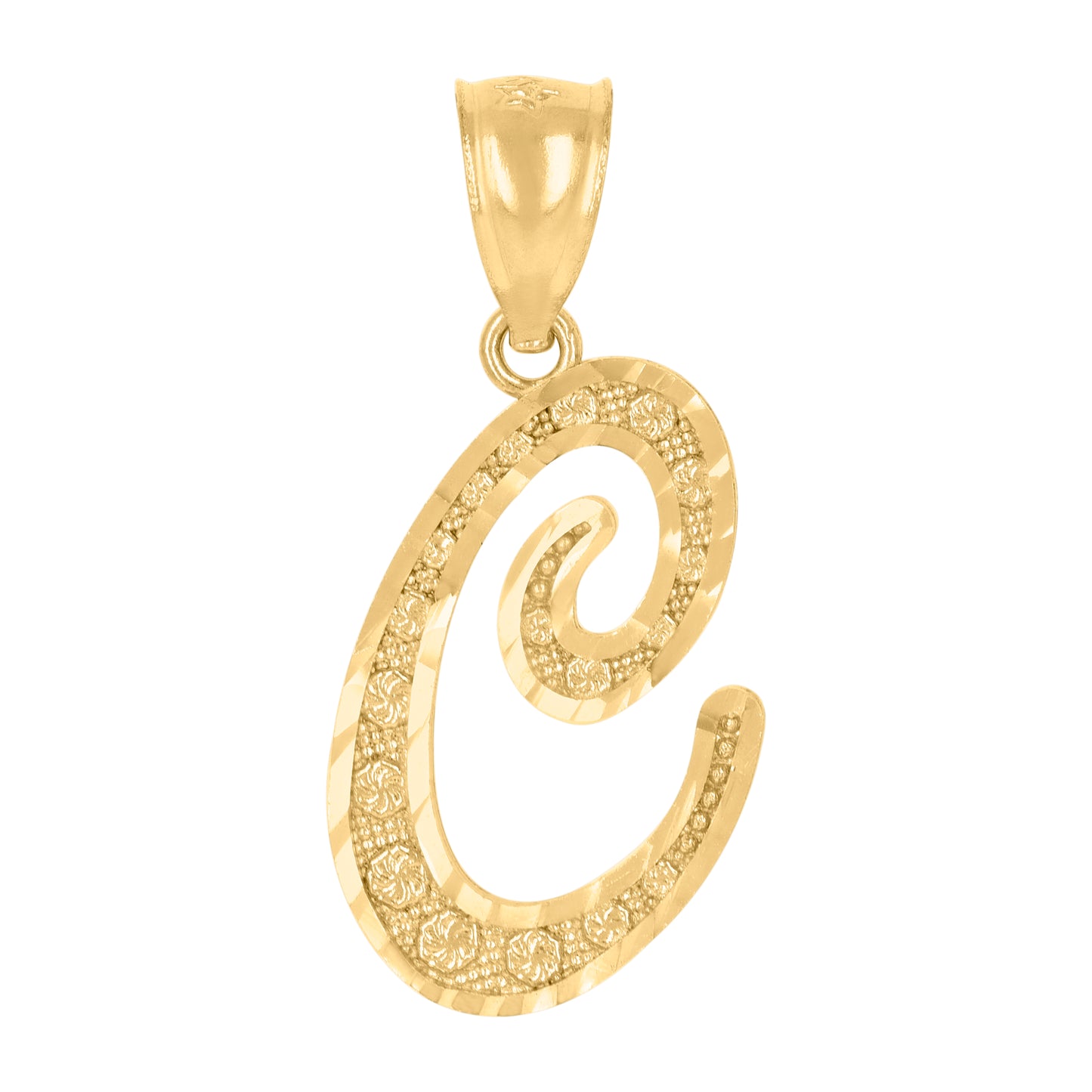 10K Yellow Gold Unisex Diamond-Cut Floral Initial Letter Charm Pendant