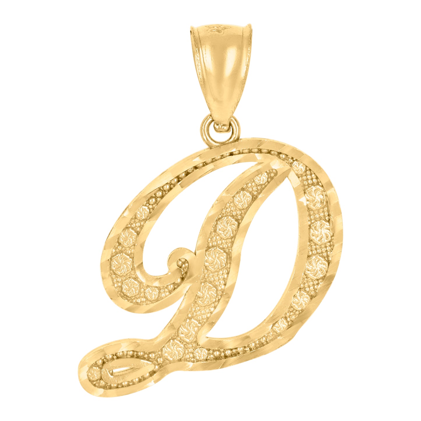 10K Yellow Gold Unisex Diamond-Cut Floral Initial Letter Charm Pendant