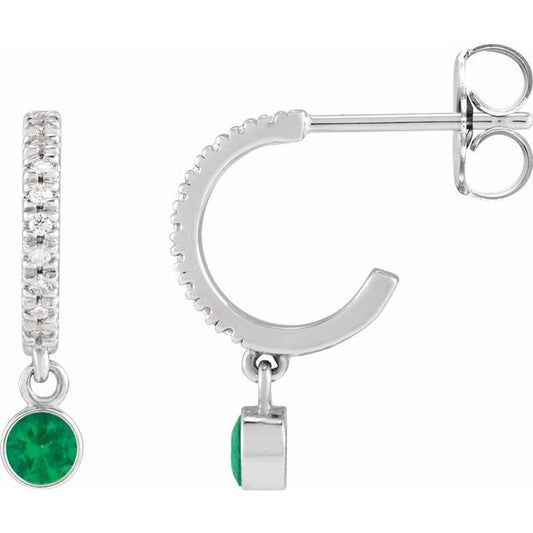 Sterling Silver Round 16.1 Mm 3.5 Mm 3Mm I1, G-H Pair Friction Back Polished Lab-Grown Emerald And .08 Ctw Natural Diamond French-Set Hoop Earrings