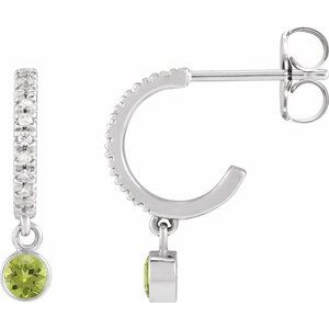 14K White Gold Pair Round Shape 3Mm I1, Gh Natural Peridot And .08 Ctw Natural Diamond French-Set Hoop Earrings, Length: 16.1 Mm, Thickness: 3.5 Mm