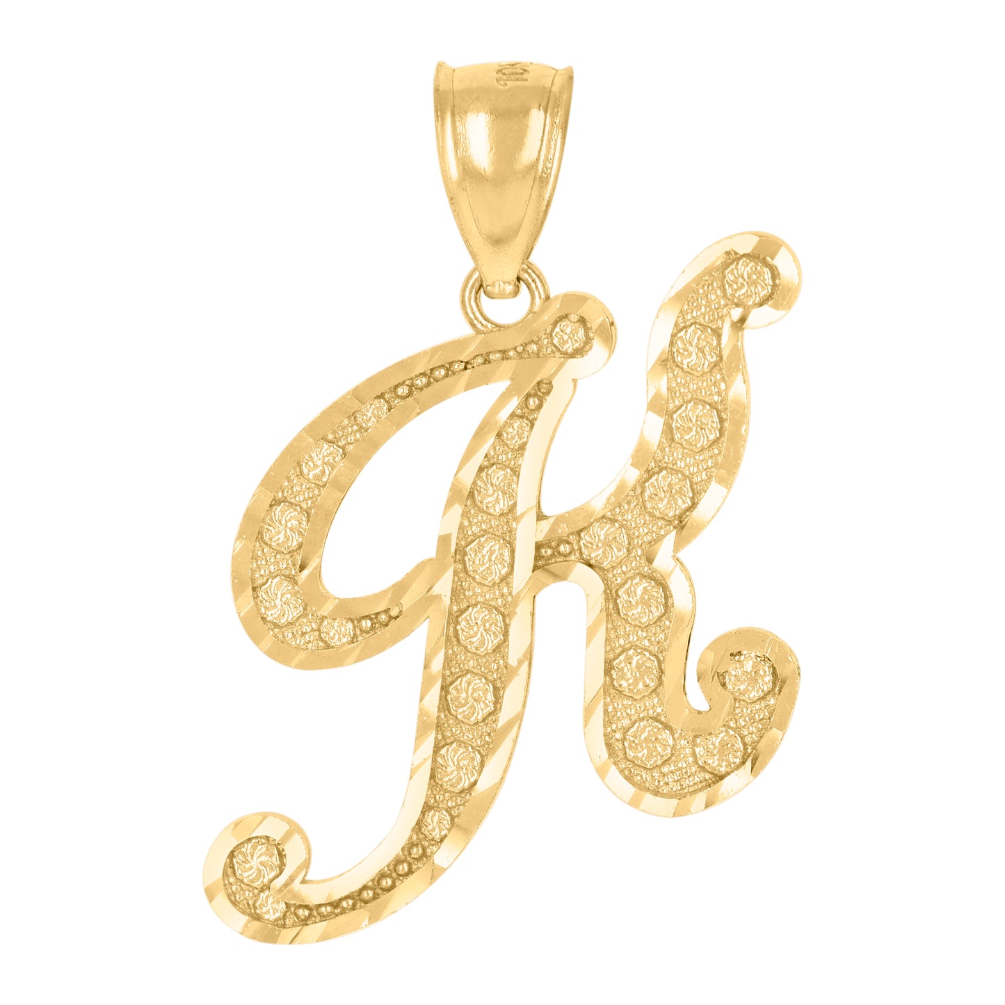 10K Yellow Gold Unisex Diamond-Cut Floral Initial Letter Charm Pendant
