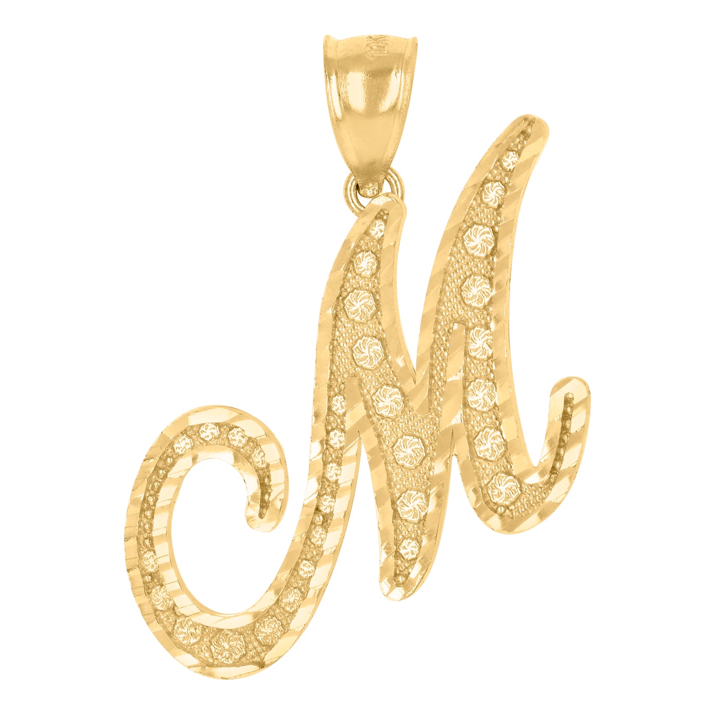 10K Yellow Gold Unisex Diamond-Cut Floral Initial Letter Charm Pendant