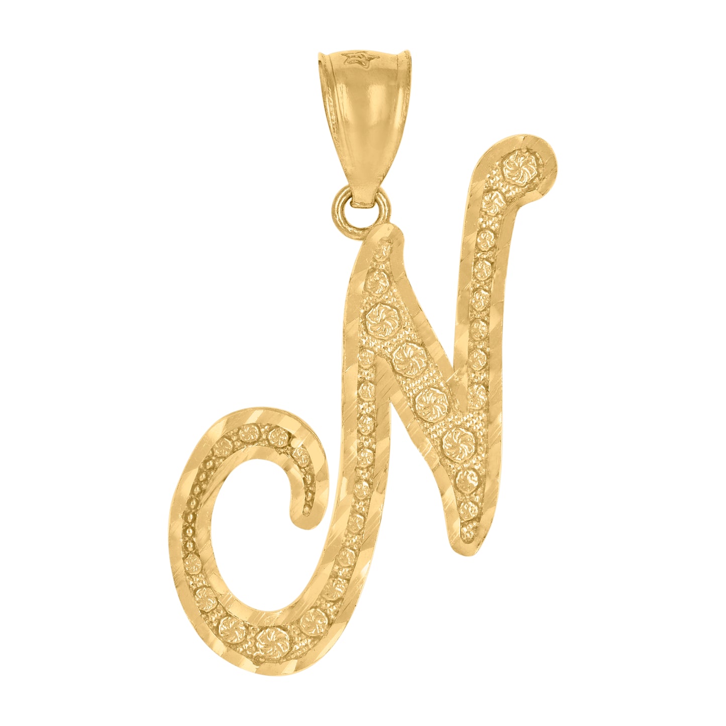 10K Yellow Gold Unisex Diamond-Cut Floral Initial Letter Charm Pendant