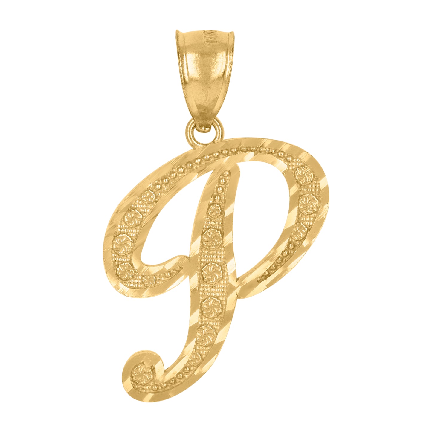 10K Yellow Gold Unisex Diamond-Cut Floral Initial Letter Charm Pendant