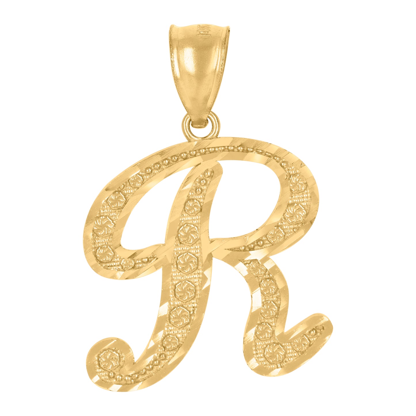 10K Yellow Gold Unisex Diamond-Cut Floral Initial Letter Charm Pendant