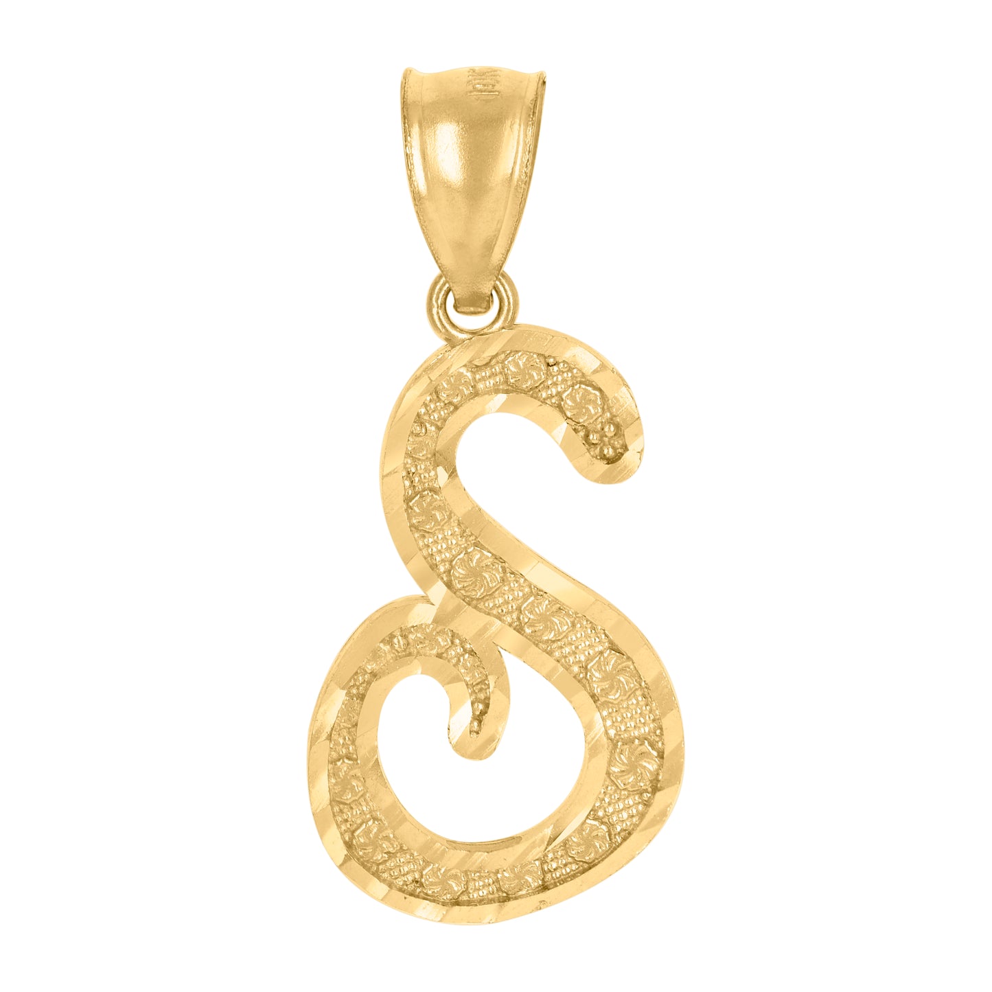 10K Yellow Gold Unisex Diamond-Cut Floral Initial Letter Charm Pendant