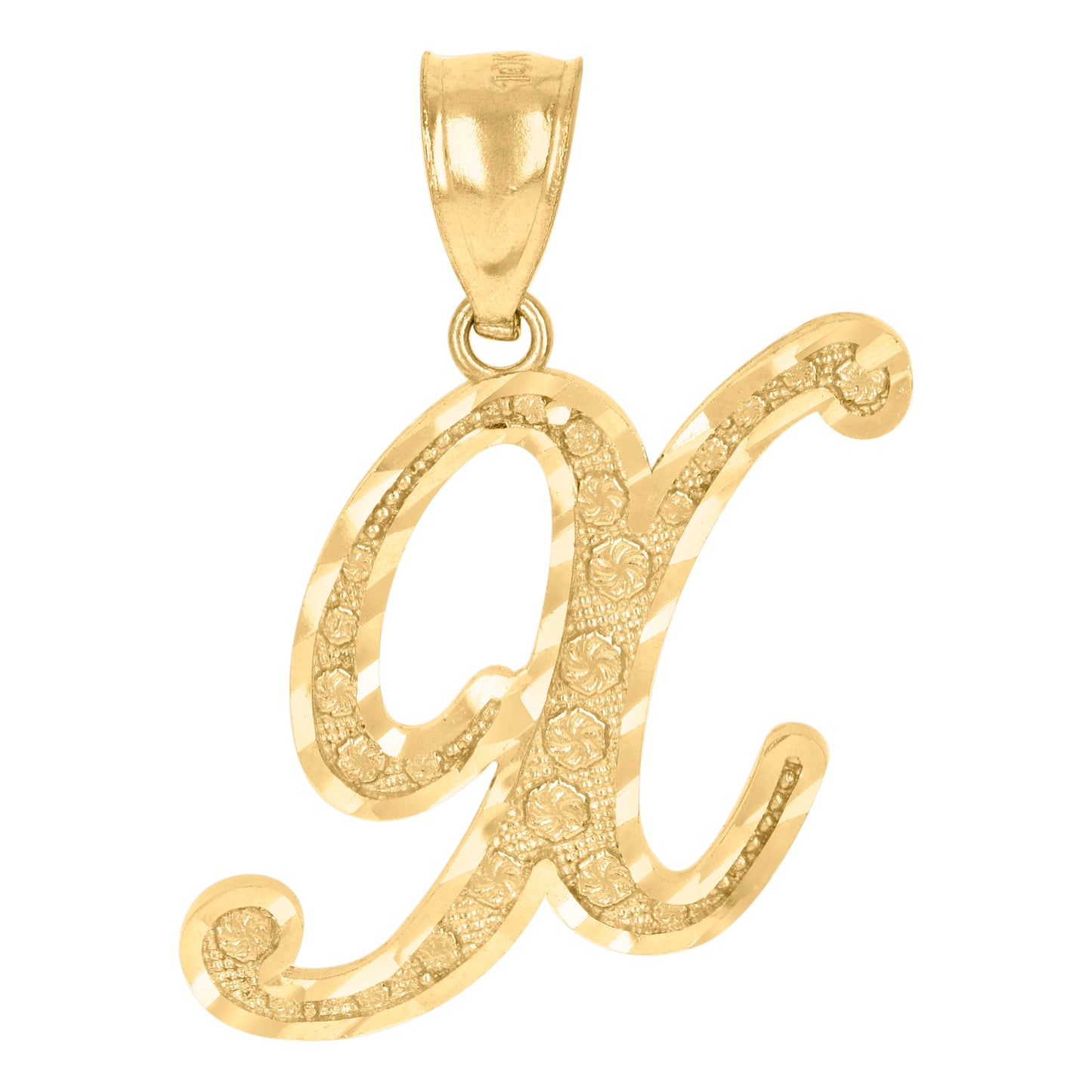 10K Yellow Gold Unisex Diamond-Cut Floral Initial Letter Charm Pendant