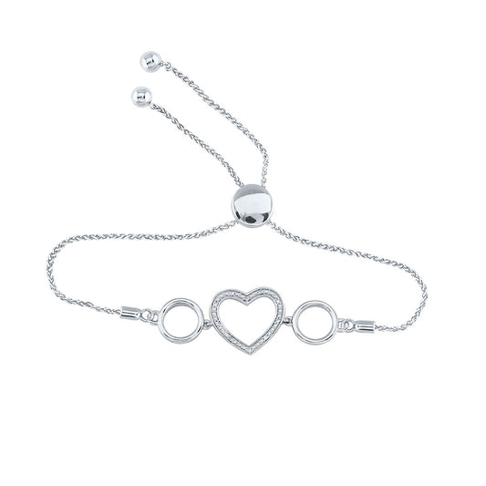 Sterling Silver Womens Round Diamond Heart Bolo Bracelet 1/20 Cttw