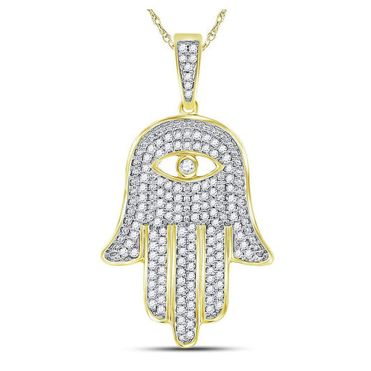 10K Yellow Gold Mens Round Diamond Eye of Fatima Hamsa Hand Charm Pendant 1/2 Cttw, Length: 1.25 In, Width: 0.74 In