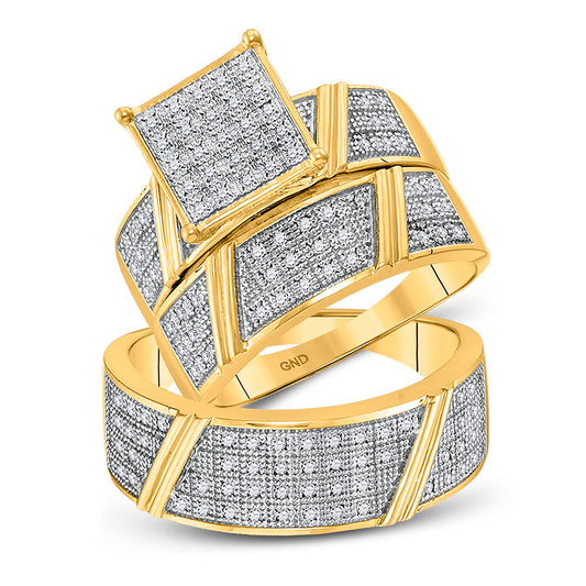 10K Yellow Gold His Hers Round Diamond Cluster Matching Wedding Set 1/3 Cttw, Womens Size: 5-10, Mens Size: 7-13